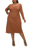L I V D Scoop Neck Long Sleeves Rib Sweater Midi Dress In Chestnut