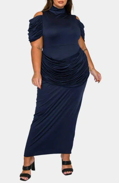 L I V D Seraphina Cold Shoulder Ruched Maxi Dress In Blue