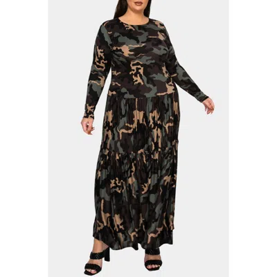 L I V D Silvestra Camo Long Sleeve Maxi Dress In Khaki Charcoal