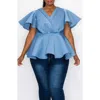 L I V D Siobhan Flutter Sleeve Scuba Peplum Top In Denim