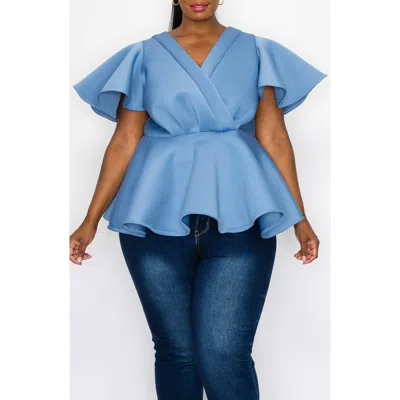 L I V D Siobhan Flutter Sleeve Scuba Peplum Top In Denim