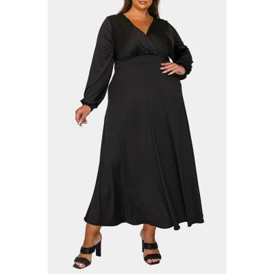 L I V D Sophia Surplice Neck Long Sleeve Satin Maxi Dress In Black