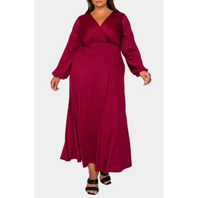 L I V D Sophia Surplice Neck Long Sleeve Satin Maxi Dress In Burgundy