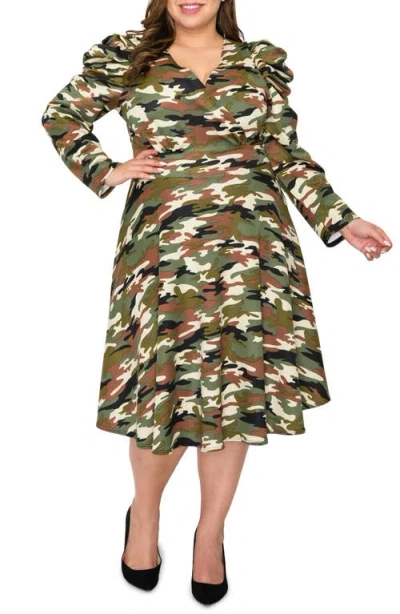 L I V D Statement Shoulder Long Sleeve Stretch Fit & Flare Dress In Camo