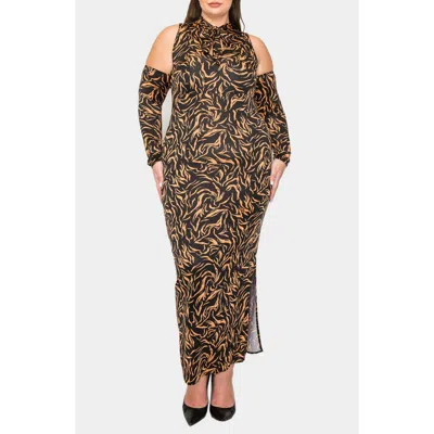 L I V D Tigress Tie Neck Cold Shoulder Long Sleeve Dress In Black Camel