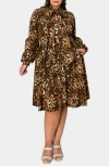 L I V D Zayleigh Leopard Print Tie Neck Long Sleeve Dress In Taupe
