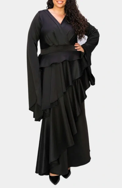 L I V D Zeta Ruffled Long Sleeve Drama Dress In Black