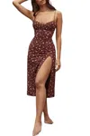 L Michele Floral-print Ruched Satin Slip Midi Dress In Burgundy In Brown