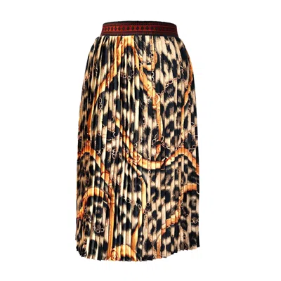 L2r The Label Women's Black / Brown Embroidered Pleated Scarf Midi Skirt In Leopard Print In Multi