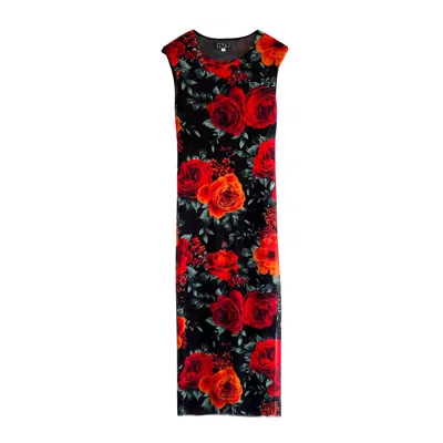 L2r The Label Women's Black / Red Shoulder Pad Printed Mesh Dress In Floral Red & Black In Black/red