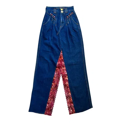 L2r The Label Women's Blue / Red Upcycled Skirt In Blue Denim & Burgundy Lace