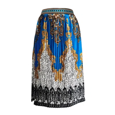 L2r The Label Women's Blue / White Embroidered Pleated Scarf Midi Skirt In Blue