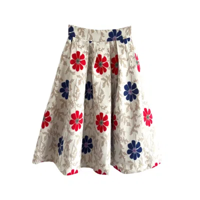 L2r The Label Women's Blue / White / Red Full Midi Skirt In Floral Off White