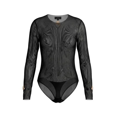 L2r The Label Women's Embellished Black Mesh Crewneck Second Skin Bodysuit