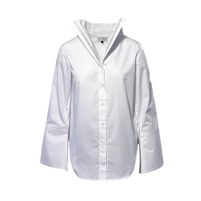L2r The Label Women's Embroidered Wide Collar Shirt In White Cotton In Gray
