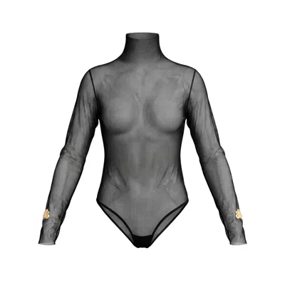 L2r The Label Women's Gold / Black Embellished Black Turtleneck Second Skin Bodysuit In Multi