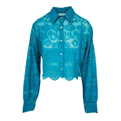 L2r The Label Women's Green / Blue Cropped Shirt - Teal Lace