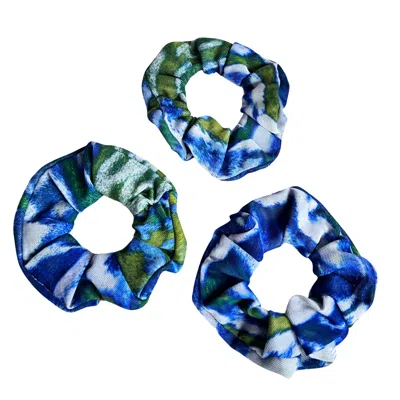 L2r The Label Women's Green / Blue Eco-conscious Scrunchy In Blue & Green Print - Pack Of 3 In Green/blue