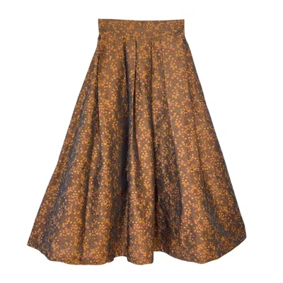 L2r The Label Women's Green / Yellow / Orange Floral Brocade Midi Skirt In Caramel Brown