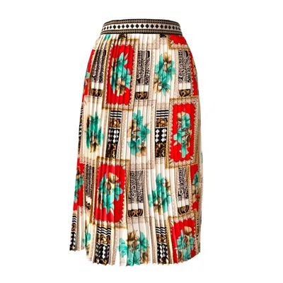L2r The Label Women's Neutrals / Green / Red Embroidered Pleated Scarf Midi Skirt In Beige In Blue