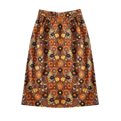 L2r The Label Women's Yellow / Orange / Brown Gathered Midi Skirt In Becky Print In Orange & Brown In Yellow/orange/brown