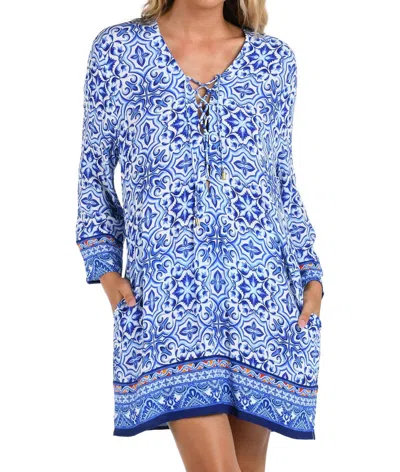 La Blanca Alboran Sea Lace Up V-neck Tunic Cover Up In Blue