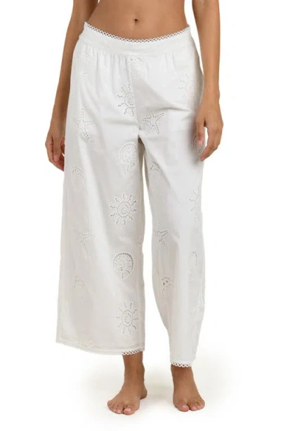 La Blanca Bayside Embroidered Wide Leg Stretch Cotton Ankle Cover-up Pants In White