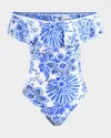 La Blanca Beyond Off-shoulder Ruffle One-piece Swimsuit In Blue Multi