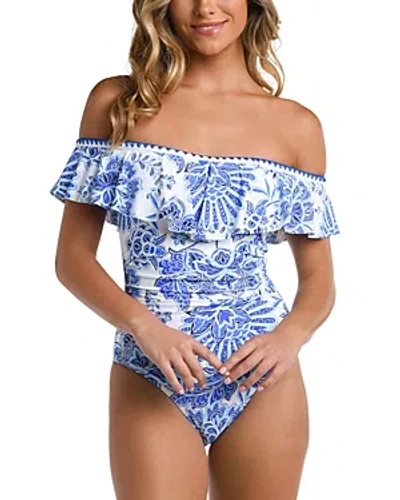La Blanca Beyond Ruffled Off The Shoulder One Piece Swimsuit In Blue