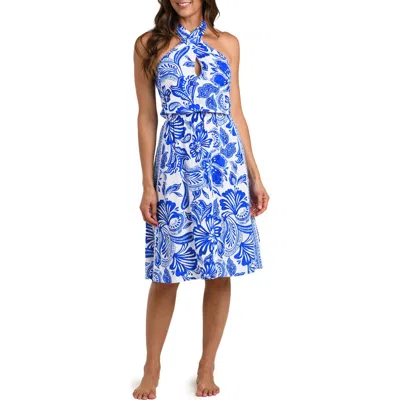 La Blanca Botanical Brocade Fit & Flare Halter Dress In Blue