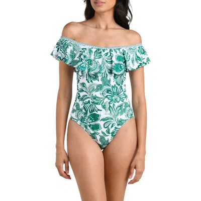 La Blanca Botanical Brocade Ruffle Off The Shoulder One-piece Swimsuit In Animal Print