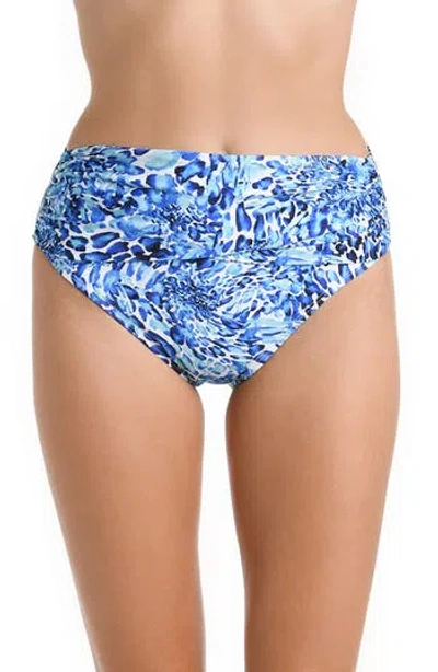 La Blanca Cheetah Mid-waist Overlap Sash Band Bikini Bottoms In Blue