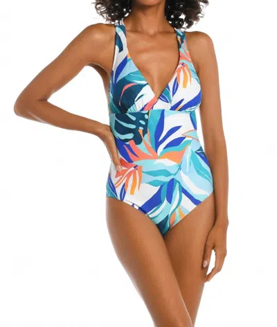 La Blanca Coastal Palm Criss-cross Back One Piece Swimsuit In Multi In Blue