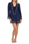 La Blanca Fields Long Sleeve Cover-up Tunic In Indigo