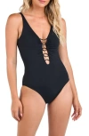 La Blanca Island Goddess Beaded Lace-up One-piece Swimsuit In Black