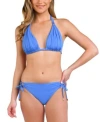 La Blanca Island Goddess Halter Bikini Top Side Shirred Hipster Bikini Bottoms In Chambray