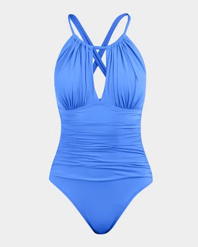 La Blanca Island Goddess Mio High-neck One-piece Swimsuit In Blue