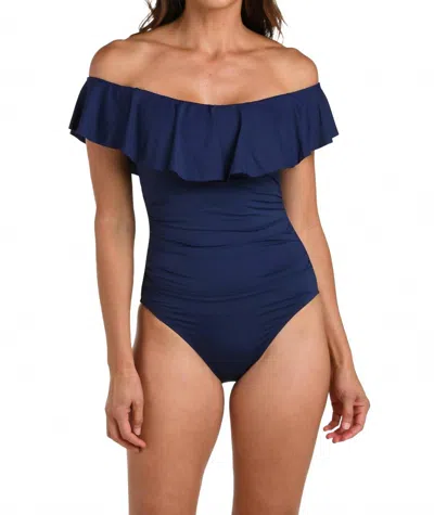 La Blanca Island Goddess Off Shoulder Ruffle One Piece Swimsuit In Indigo In Blue
