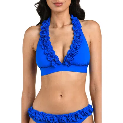 La Blanca Island Goddess Ruffle Halter Bikini Top In Blue