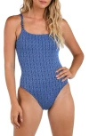 La Blanca Lace-up Back Print One-piece Swimsuit In Chambray