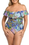 La Blanca Neon Ruffle Off The Shoulder One-piece Swimsuit In Blue