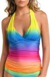 La Blanca Womens Setting Sun Halter Tankini Top Setting Sun Basic Hipster Bottoms In Pink Multi