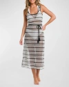 La Blanca Onshore Stripe Tie Belt Sheer Cover-up Midi Dress In Black And White