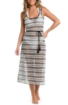 La Blanca Onshore Stripe Tie Belt Sheer Cover-up Midi Dress