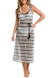 La Blanca Onshore Stripe Tie Belt Sheer Cover-up Midi Dress In Black And White