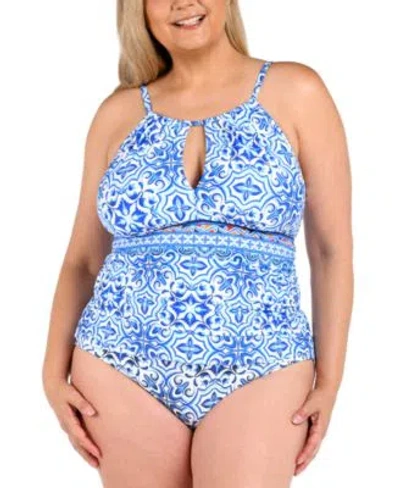 La Blanca Plus Size Alboran Keyhole Tankini Top Bottoms In Blue