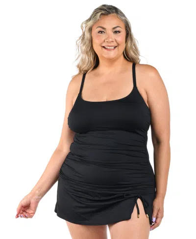 La Blanca Womens Plus Size Island Goddess Lingerie Strap Tankini Top Adjustable Tunnel Skirt In Black