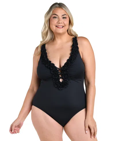 La Blanca Plus Size Island Goddess Ruffle V-neck One-piece Swimsuit In Blue