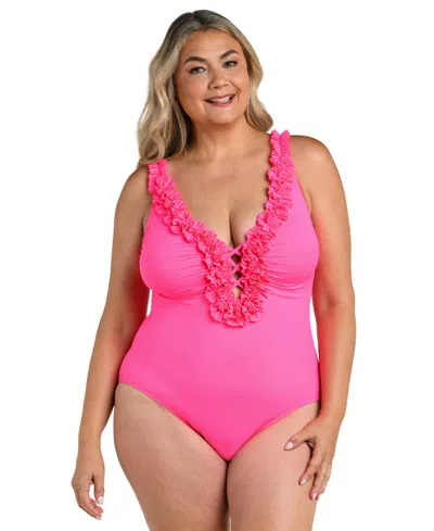 La Blanca Plus Size Island Goddess Ruffle V-neck One-piece Swimsuit In Pink