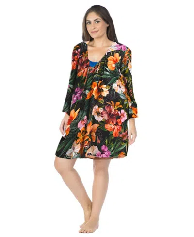 La Blanca Plus Size Tropical Hideaway Lace-front Swim Cover-up Tunic Dress In Multi
